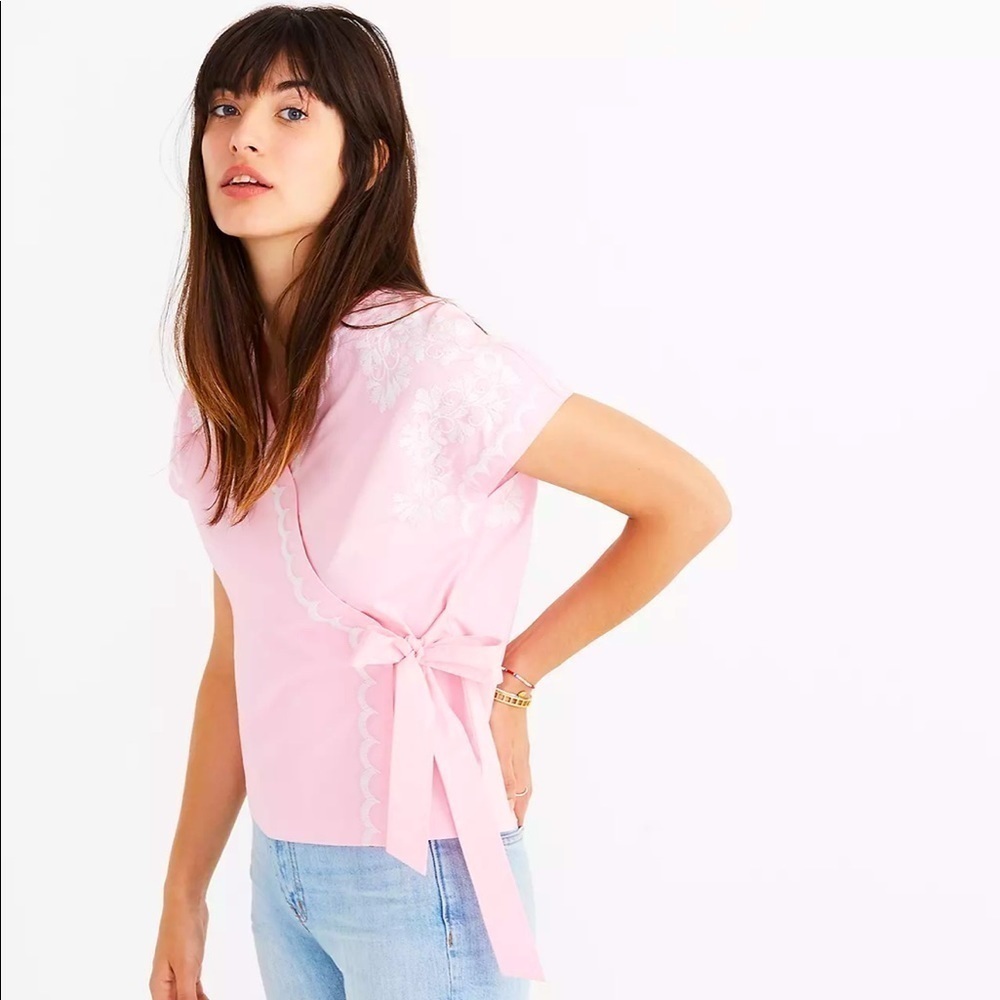 Madewell XL Embroidered Side-Tie Wrap Top blouse pink - Picture 2 of 10